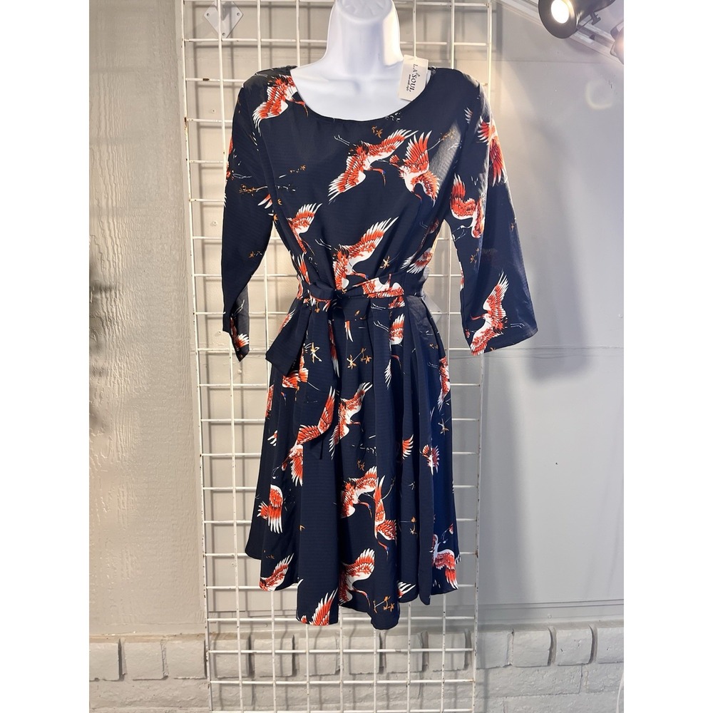 L.A. Soul‎ Japanese Crane Print Navy Tie Back Dress Women's Size Small NEW